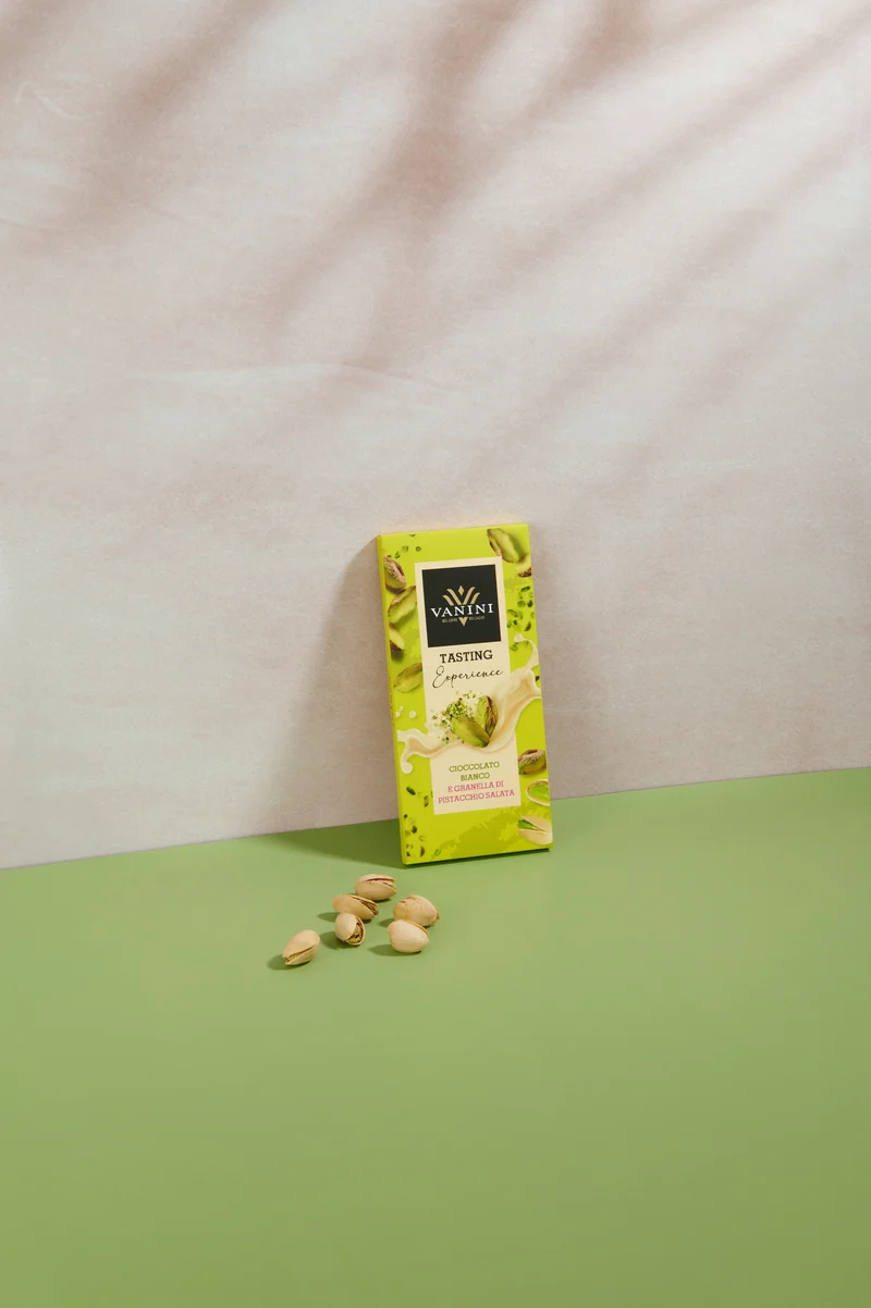Tavoletta Vanini Tasting Experience cioccolato bianco e granella di pistacchio salata