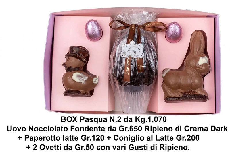 Easter Box Pasqua (N.2) kg.1,070 uovo nocciolato ripieno dark + paperotto+coniglio+2 ovette ripiene creme