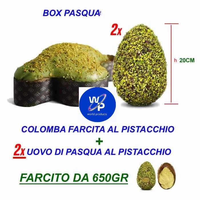 Box DOPPIO Pasquale Colomba al pistacchio da oltre 1,2kg + 2x Uova di Pasqua FARCITE da 650gr ( 1 latte + 1 fondente )