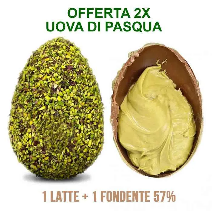Box DOPPIO Pasquale Colomba al pistacchio da oltre 1,2kg + 2x Uova di Pasqua FARCITE da 650gr ( 1 latte + 1 fondente )