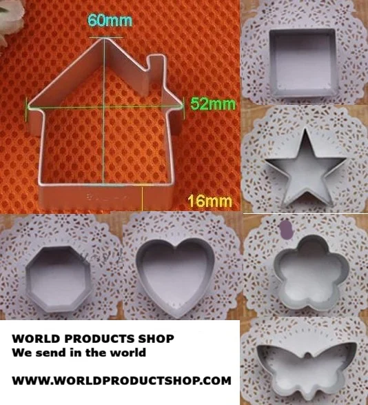Casa, Farfalla, Ottagono,Quadrato,Fiore,Cuore e Stella. Set di 7 stampi in metallo.