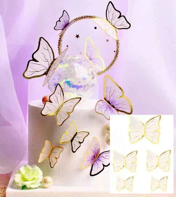 Farfalle volanti con Ali Bianche e bordi Oro. Sagoma Cake Topper