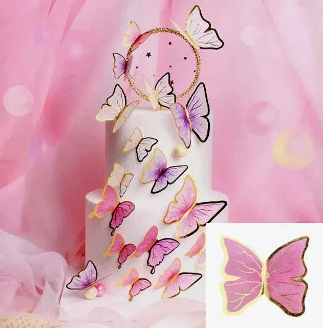 Farfalle volanti con Ali Rosa e bordi Oro. Sagoma Cake Topper