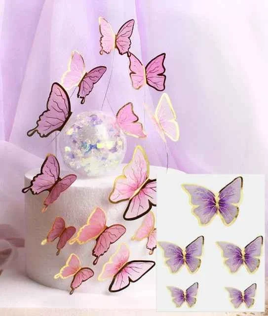 Farfalle volanti con Ali Lilla e bordi Oro. Sagoma Cake Topper