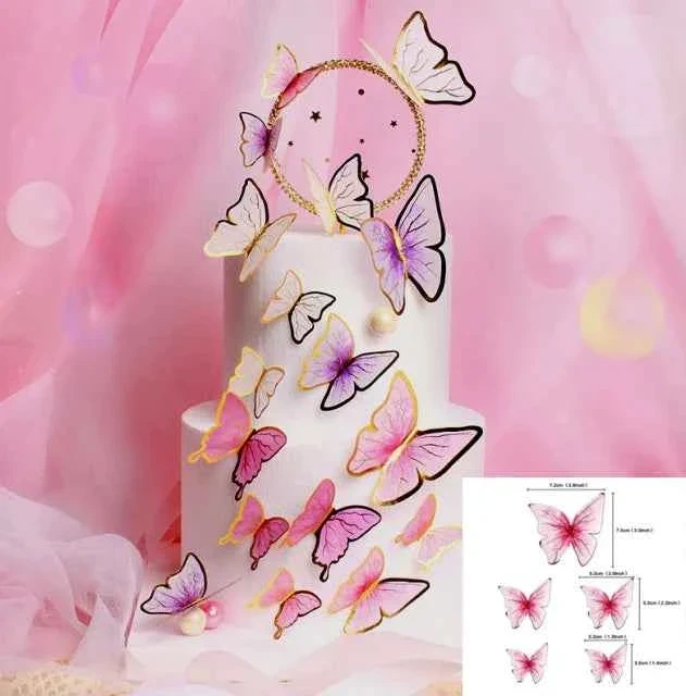Farfalle volanti con Ali Rosa e bordi Nero. Sagoma Cake Topper
