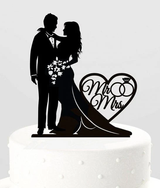 Mr e Mrs nel Cuore. Cake Topper Sposi. Silhouette sagoma nera