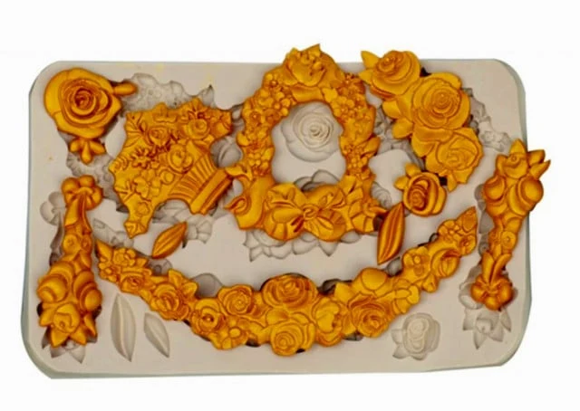 Mazzo di Rose Fiori e Foglie con 10 decorazioni. Barocco. Fantastiche decorazioni. Stampo in silicone