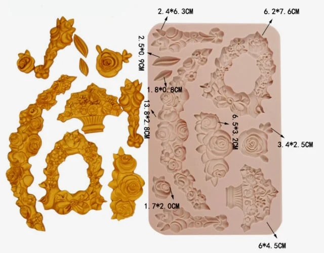 Mazzo di Rose Fiori e Foglie con 10 decorazioni. Barocco. Fantastiche decorazioni. Stampo in silicone