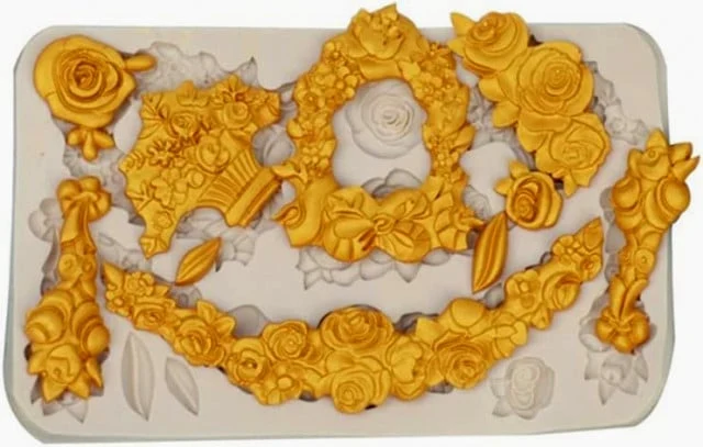 Grande Bordo Floreale con 10 decorazioni. Stampo Fiori in silicone. Flower Silicone Lace Mold