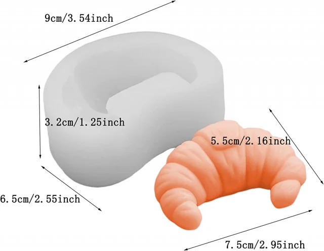Cornetto Croissant di 7.5 x 5.5 x 3 cm. Stampo in silicone anche per Candele
