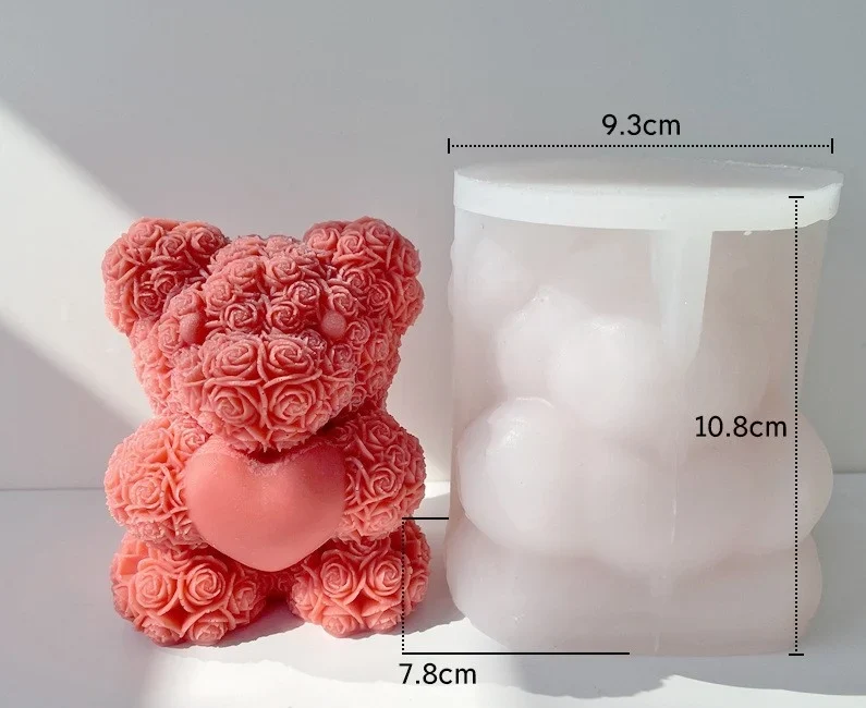 Orsetto di 10 cm con Rose e Cuore. Stampo in silicone anche per Candele