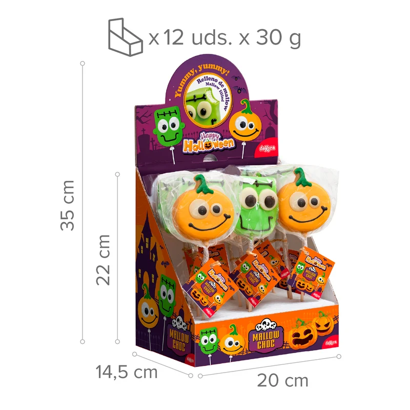PIRULETA MALLOW CHOC HALLOWEEN SURT. CALABAZA Y FRANKI 30GR