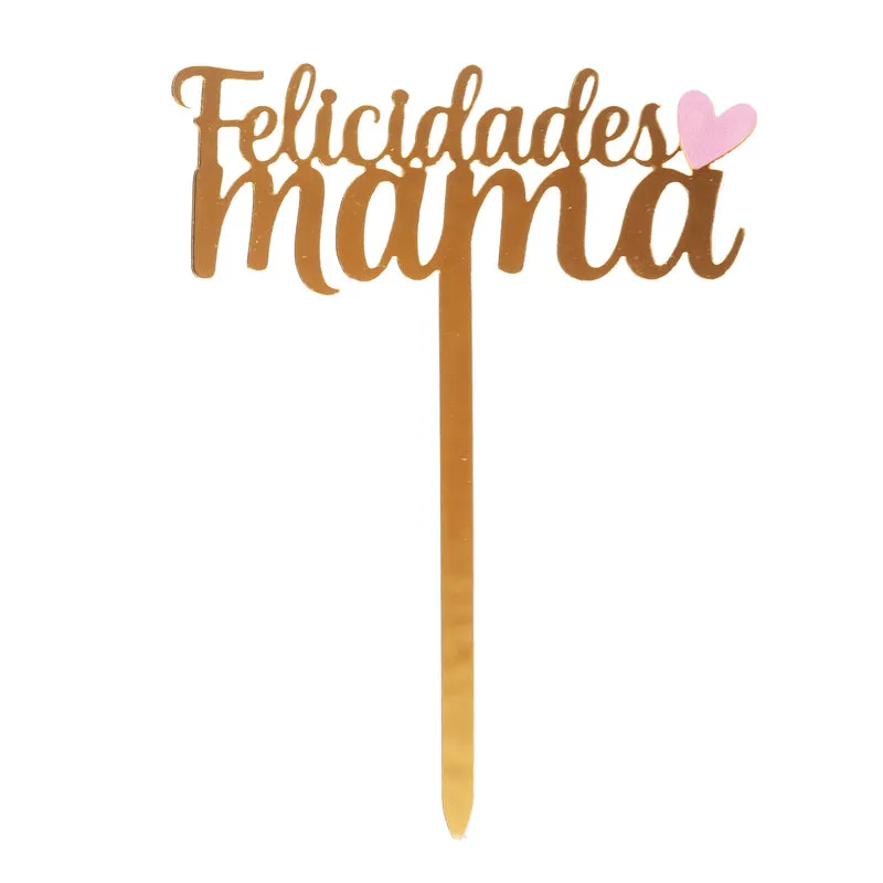 CAKE TOPPER FELICIDADES MAMÁ CORAZÓN DORADO 11X14,5CM