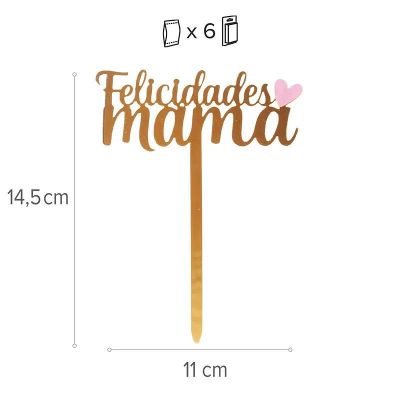 CAKE TOPPER FELICIDADES MAMÁ CORAZÓN DORADO 11X14,5CM
