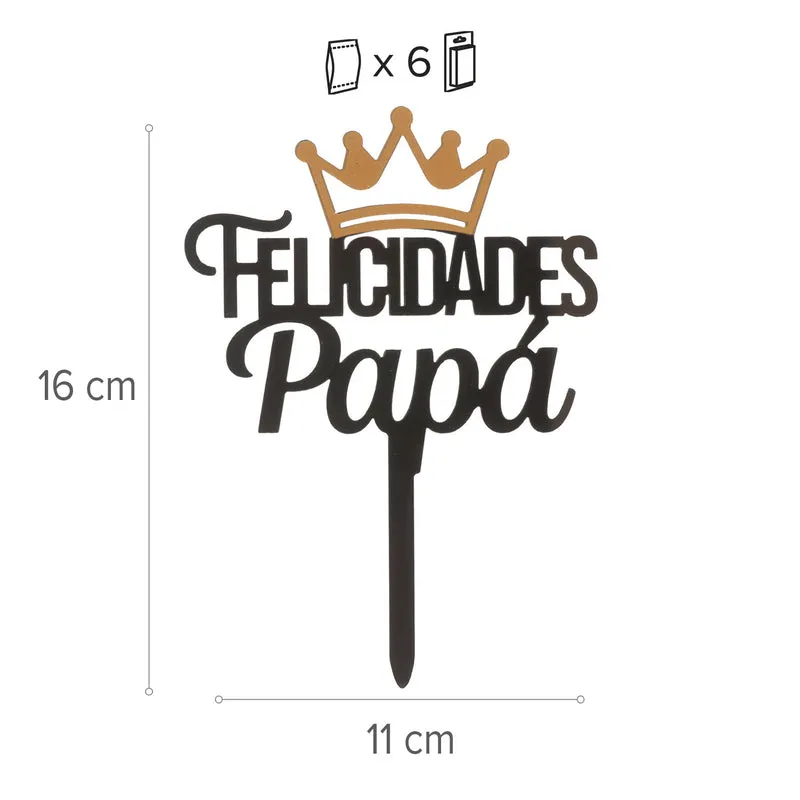 CAKE TOPPER FELICIDADES PAPÁ CORONA NEGRO 11X16CM