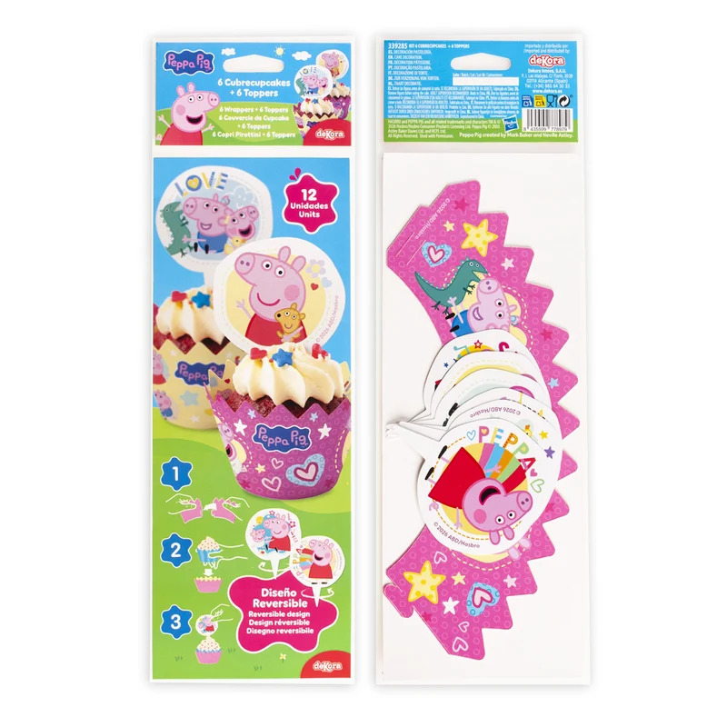 KIT DECORACIÓN ENVOLTURA CUPCAKE CON TOPPERS PEPPA PIG 12U