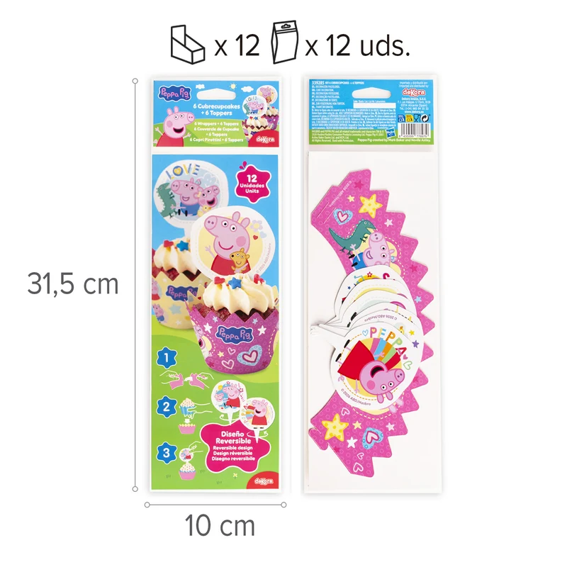 KIT DECORACIÓN ENVOLTURA CUPCAKE CON TOPPERS PEPPA PIG 12U
