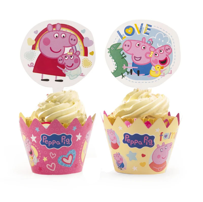 KIT DECORACIÓN ENVOLTURA CUPCAKE CON TOPPERS PEPPA PIG 12U