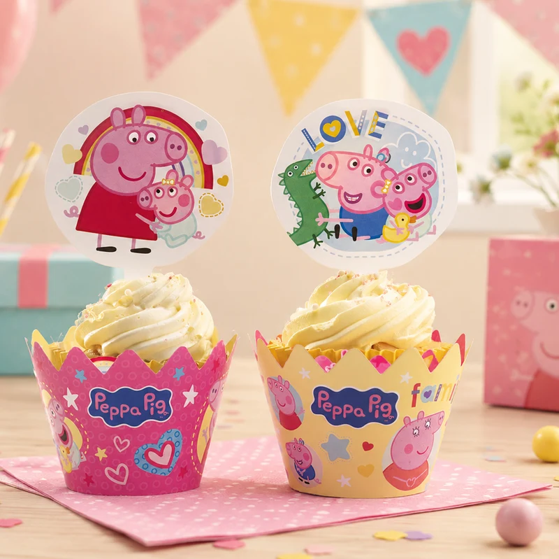 KIT DECORACIÓN ENVOLTURA CUPCAKE CON TOPPERS PEPPA PIG 12U