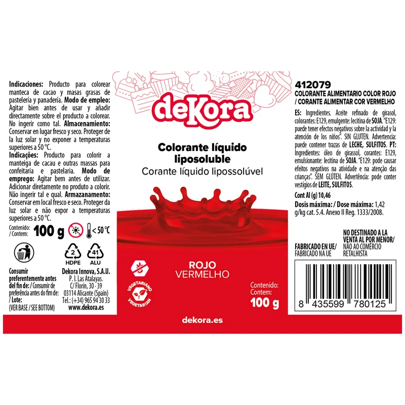 COLORANTE LIQUIDO LIPOSOLUBLE ROJO SIN E120 100ML