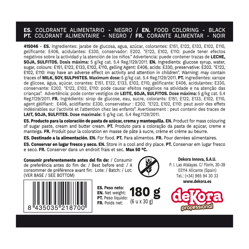 6 COLORANTES EN GEL HIDROSOLUBLE NEGRO 30G