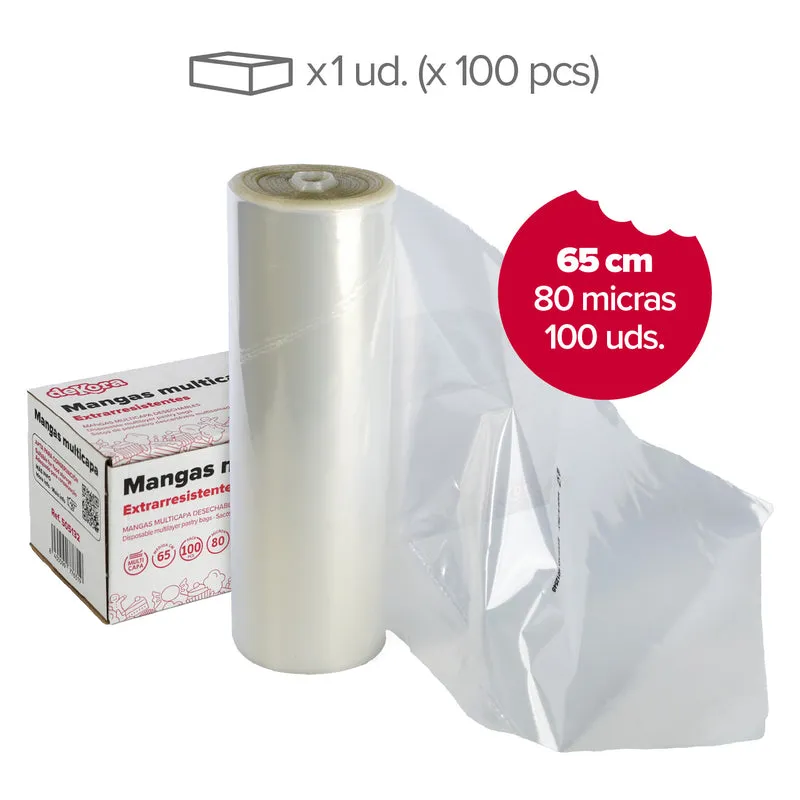 MANGA DESECHABLE TRANSP. MULTICAPA 65 CM 100 UDS 80 MICRAS