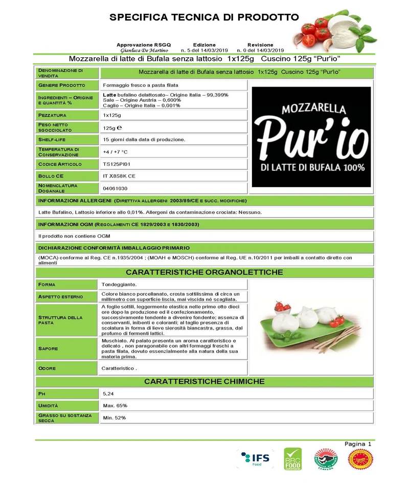 Mozzarella di Bufala senza lattosio ciuffo Pur'io 250g