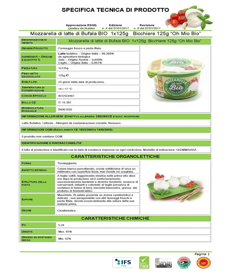Mozzarella di Bufala Oh Mio Bio biologica Bicchiere 125g