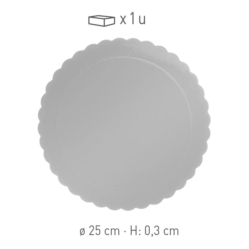 PLATO REDONDO PARA TARTA ONDULADO PLATA 3 MM 25 CM