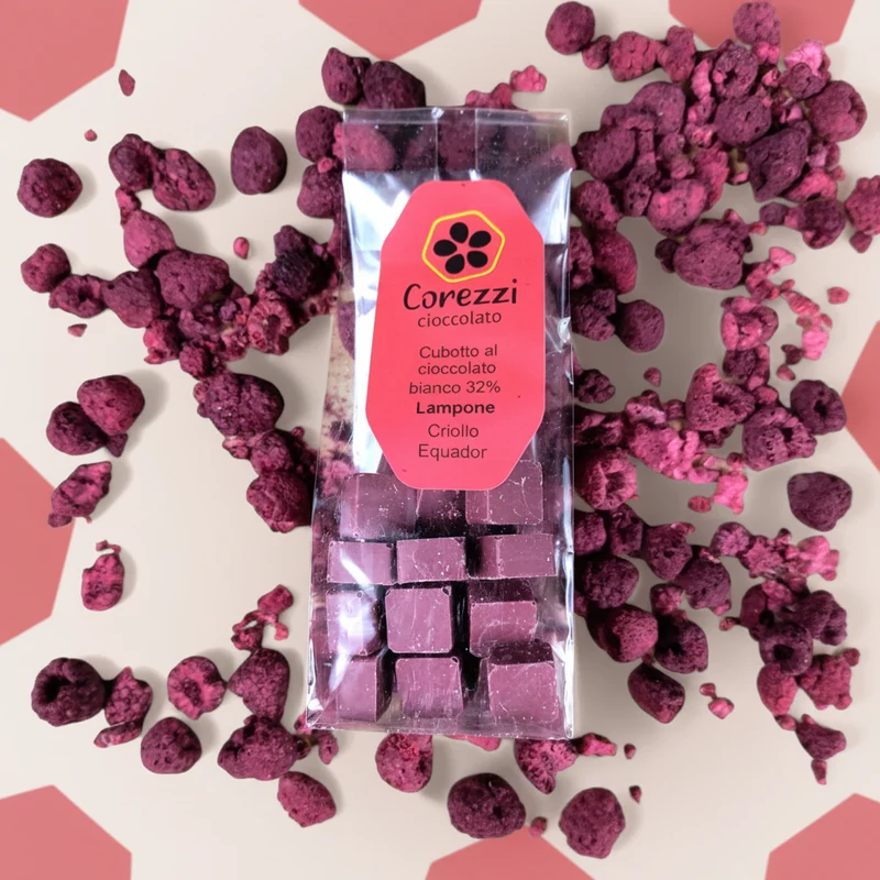 DOLCE RUBINO - Cioccolato Bianco con Lamponi Liofilizzati 38% - Cubotti 100g