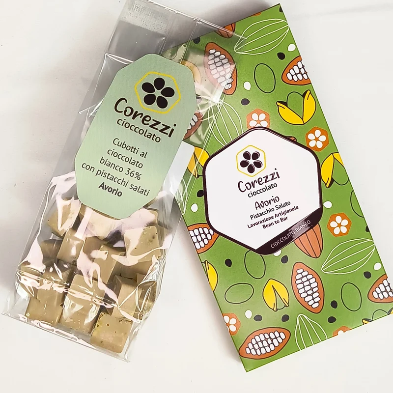 AVORIO - Cioccolato Bianco 36% con Pistacchio di Bronte Salato - Formato Degustazione 100g