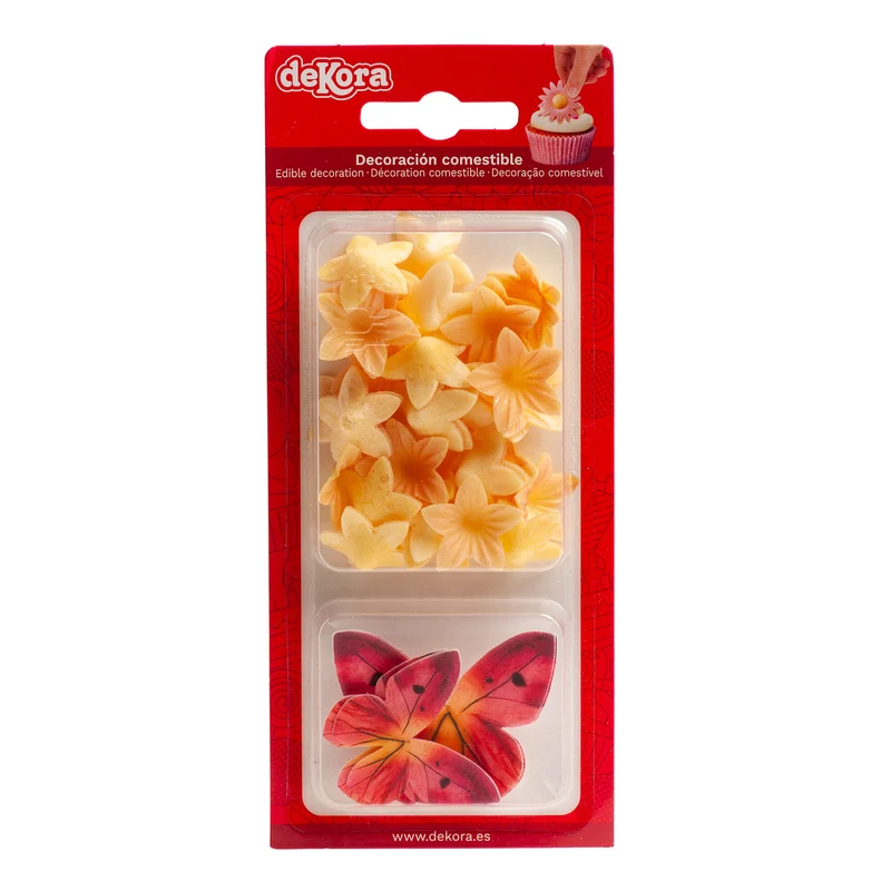 BLÍSTER MINI FLORES AMARILLAS Y MARIPOSAS ROJAS DE OBLEA