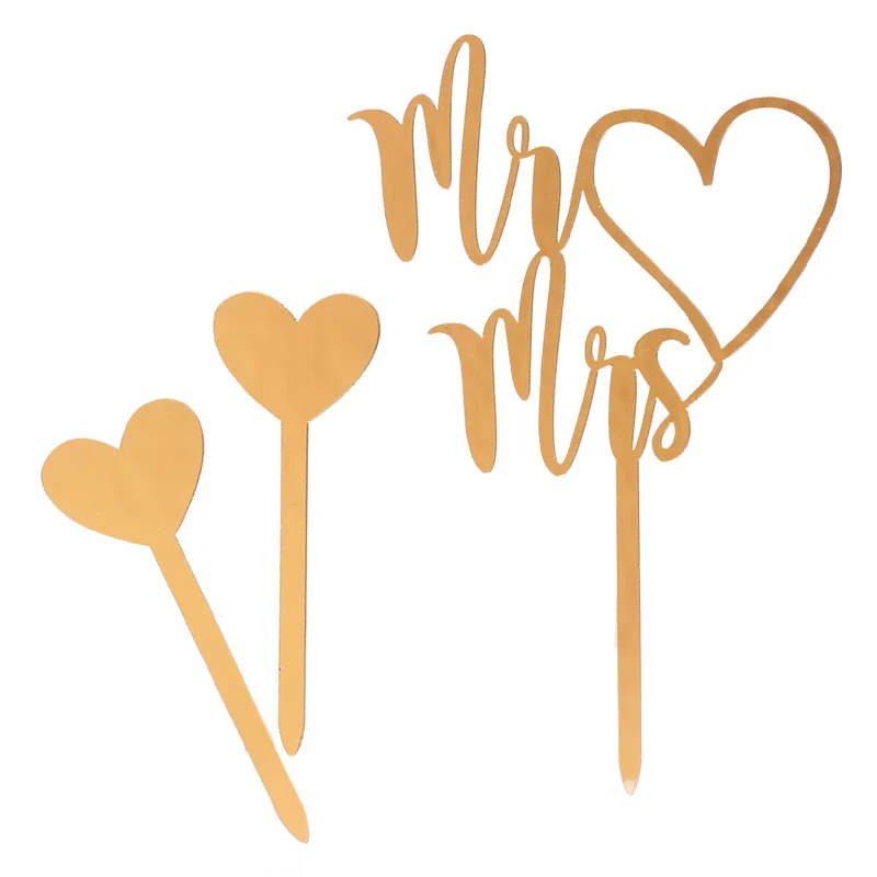 CAKE TOPPER MR AND MRS Y 2 CORAZÓN DORADO 10X16CM - 2.5X7C