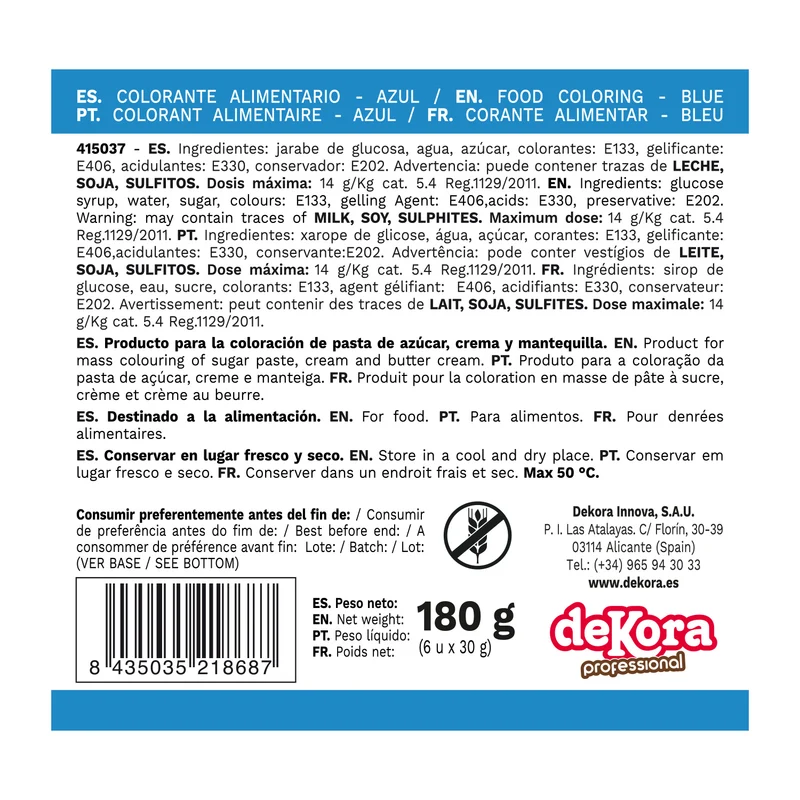 6 COLORANTES EN GEL HIDROSOLUBLE AZUL 30G AZF