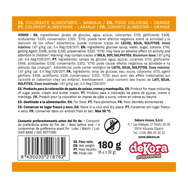 6 COLORANTES EN GEL HIDROSOLUBLE NARANJA 30G
