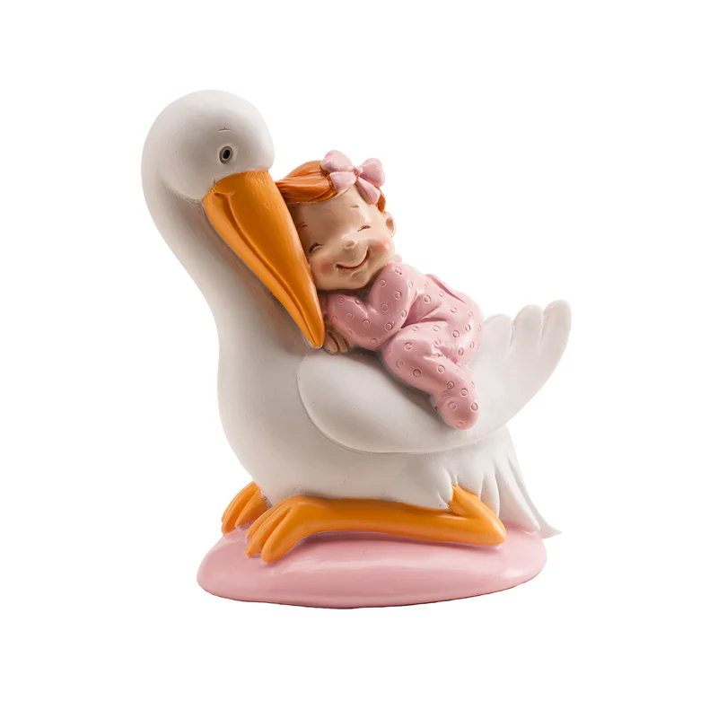 FIGURA PARA TARTA DE BAUTIZO CIGÜEÑA DORMIDA ROSA 10CM