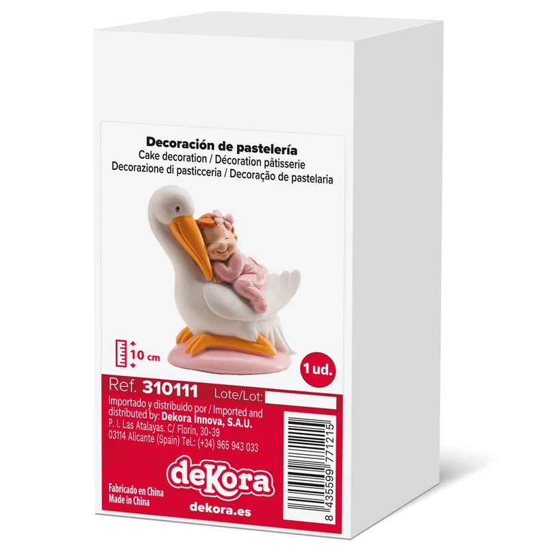 FIGURA PARA TARTA DE BAUTIZO CIGÜEÑA DORMIDA ROSA 10CM