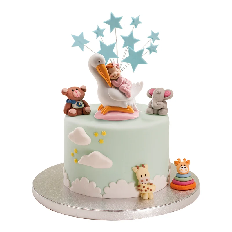 FIGURA PARA TARTA DE BAUTIZO CIGÜEÑA DORMIDA ROSA 10CM