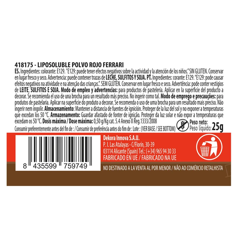 COLORANTE EN POLVO LIPOSOLUBLE ROJO INTENSO 25G