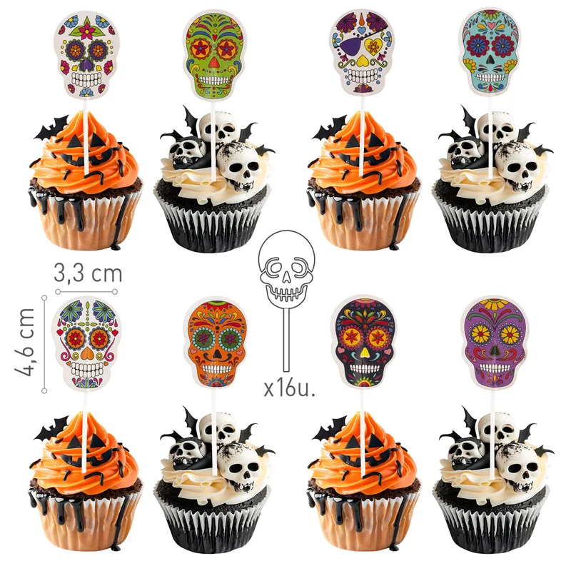 CAKE TOPPERS DE PAPEL CALAVERAS DE HALLOWEEN 16 UDS