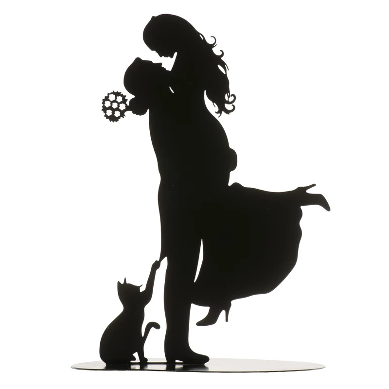 PAREJA BODA CON GATO DE METAL NEGRO 18CM