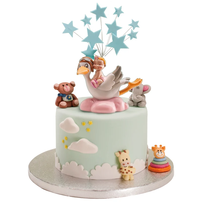 FIGURA PARA TARTA DE BAUTIZO CIGÜEÑA VOLANDO ROSA 10CM