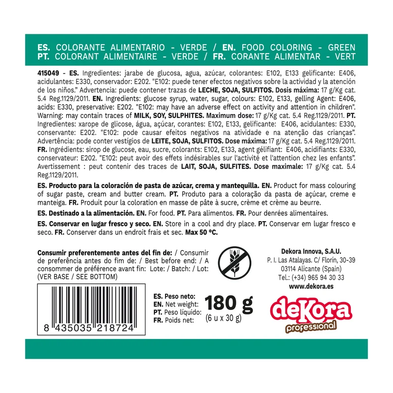 6 COLORANTES EN GEL HIDROSOLUBLE VERDE 30G