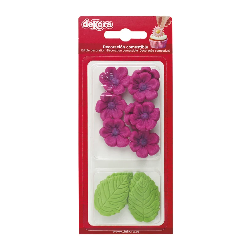 BLÍSTER AZÚCAR 8 FLORES FUCSIA Y 5 HOJAS VERDES