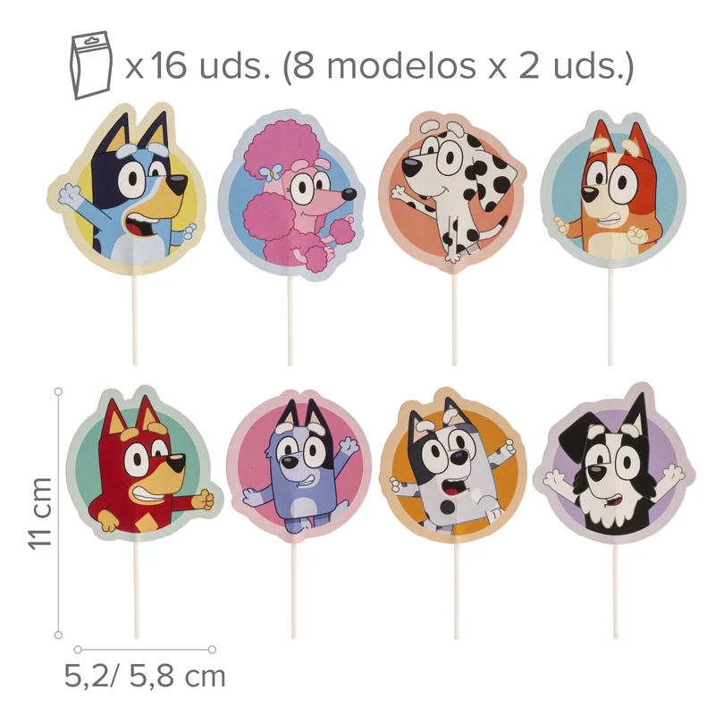 CAKE TOPPER PAPEL BLUEY Y BINGO 8 MODELOS 16 UNIDADES