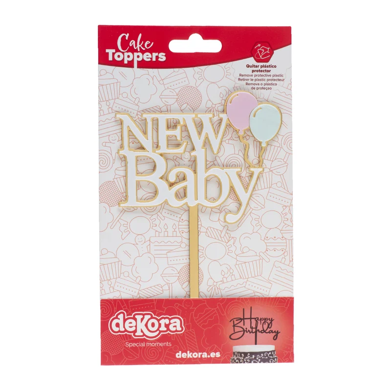 CAKE TOPPER NEW BABY DORADO Y BLANCO 10X14CM
