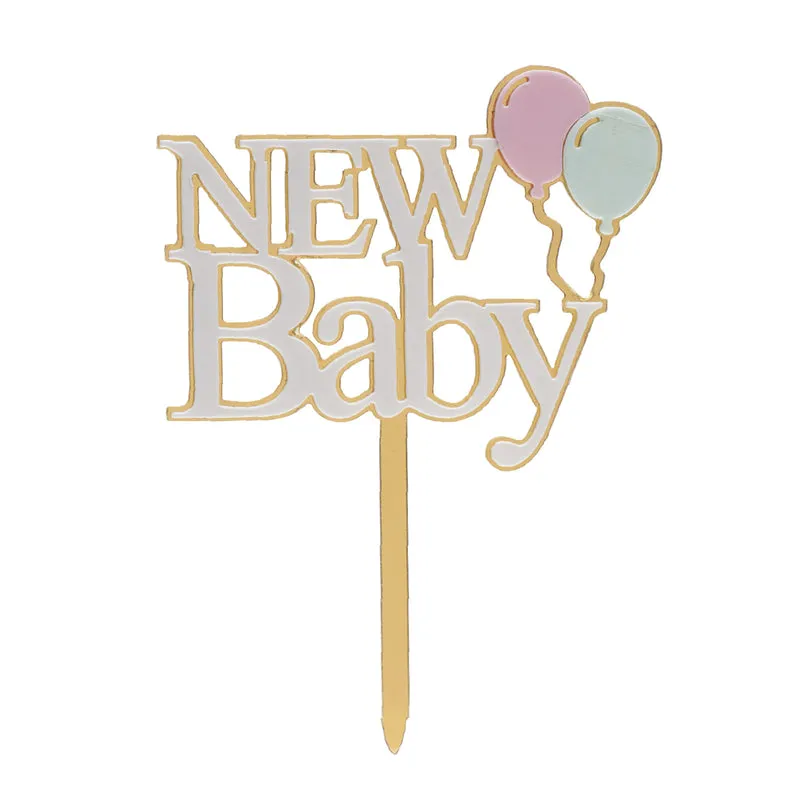 CAKE TOPPER NEW BABY DORADO Y BLANCO 10X14CM