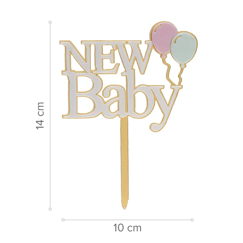 CAKE TOPPER NEW BABY DORADO Y BLANCO 10X14CM