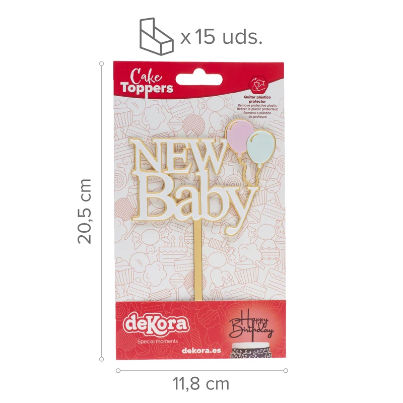 CAKE TOPPER NEW BABY DORADO Y BLANCO 10X14CM