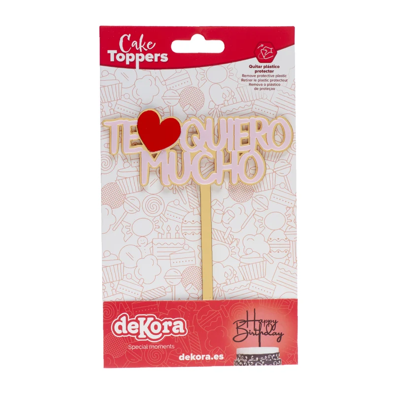 CAKE TOPPER TE QUIERO MUCHO DORADO Y ROSA 11,5X13,5CM